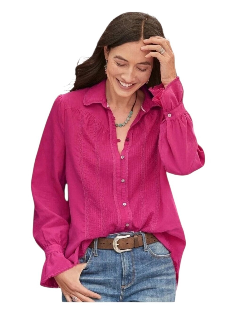 Sundance Womens Pink Western Saddle Lace Trim Button Up Blouse Suzanna Small